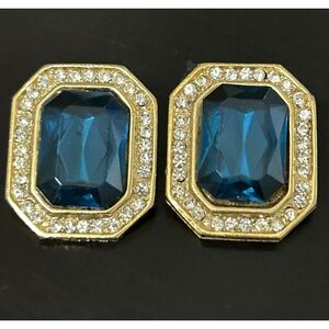 Crystal Blue Earrings - Beautiful Unique Vintage Gold Tone Clip On Earrings